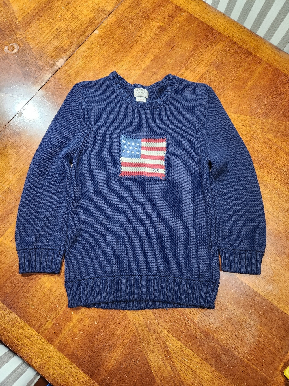 90s Polo by Ralph Lauren Navy Crewneck Sweater with Flag Patch - Kids Large